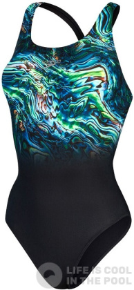 Damski strój kąpielowy Speedo Placement Digital Powerback Black/Green Glow/Marine Blue